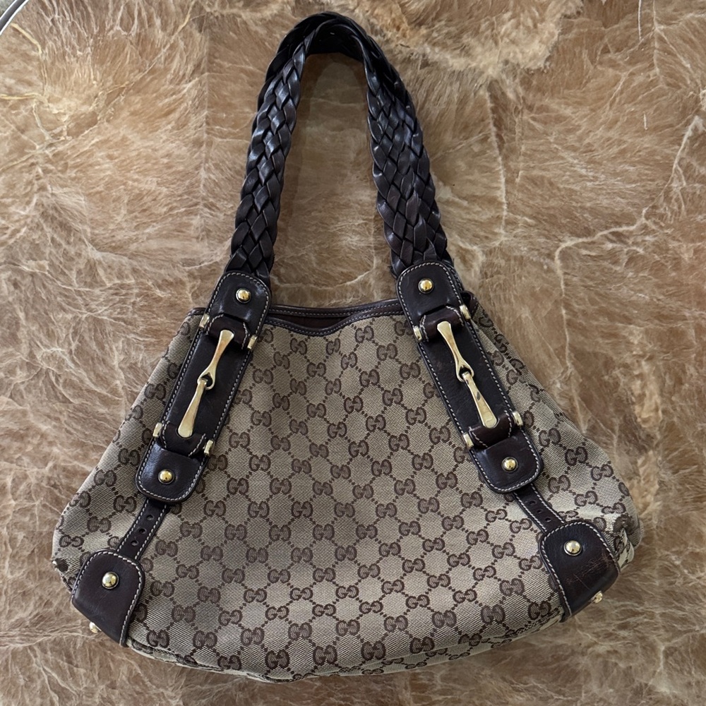 Gucci Tan and Brown Monogram Shoulder Bag